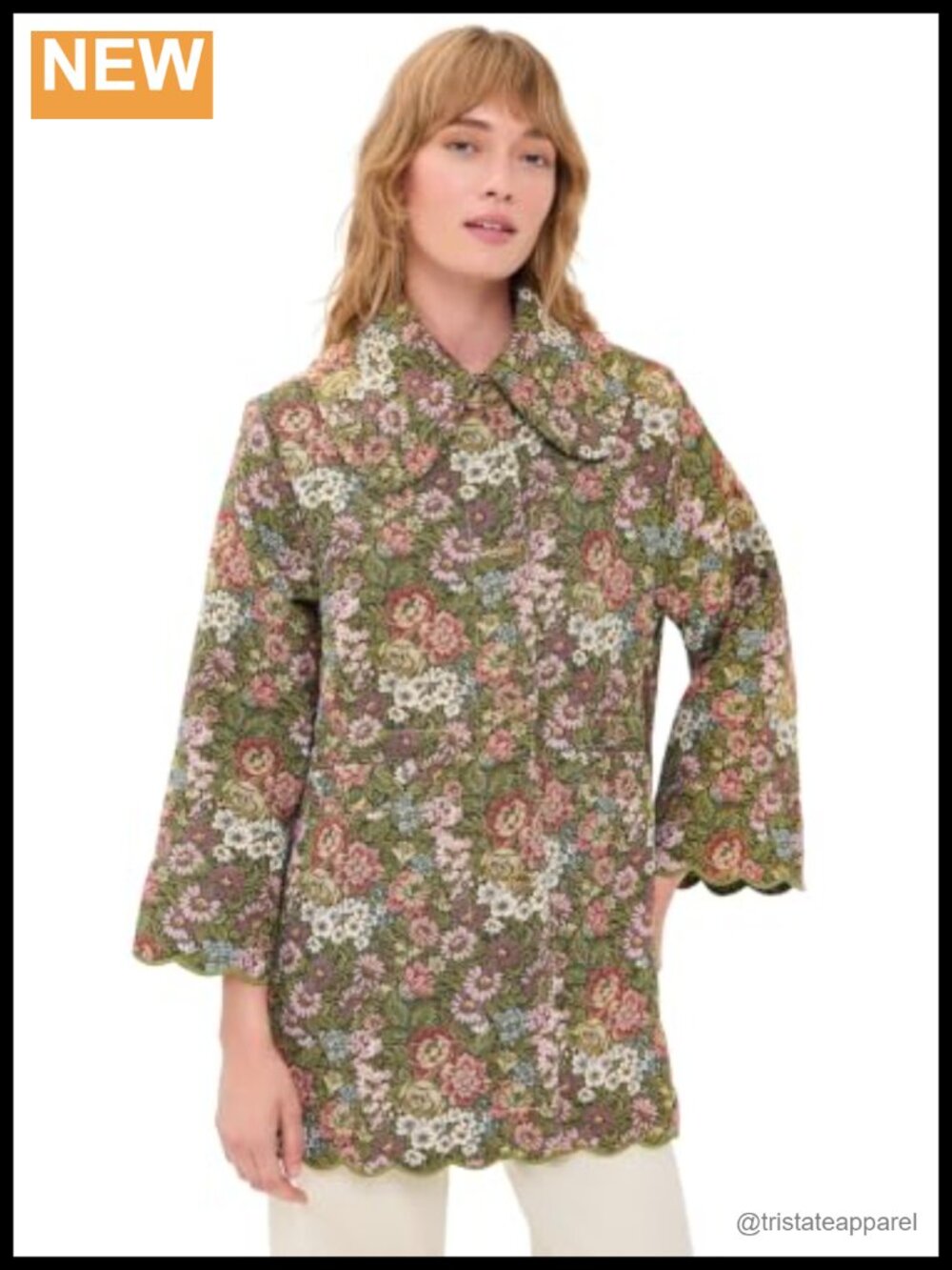 Floral Jacquard Trench Coat with Scalloped Hem